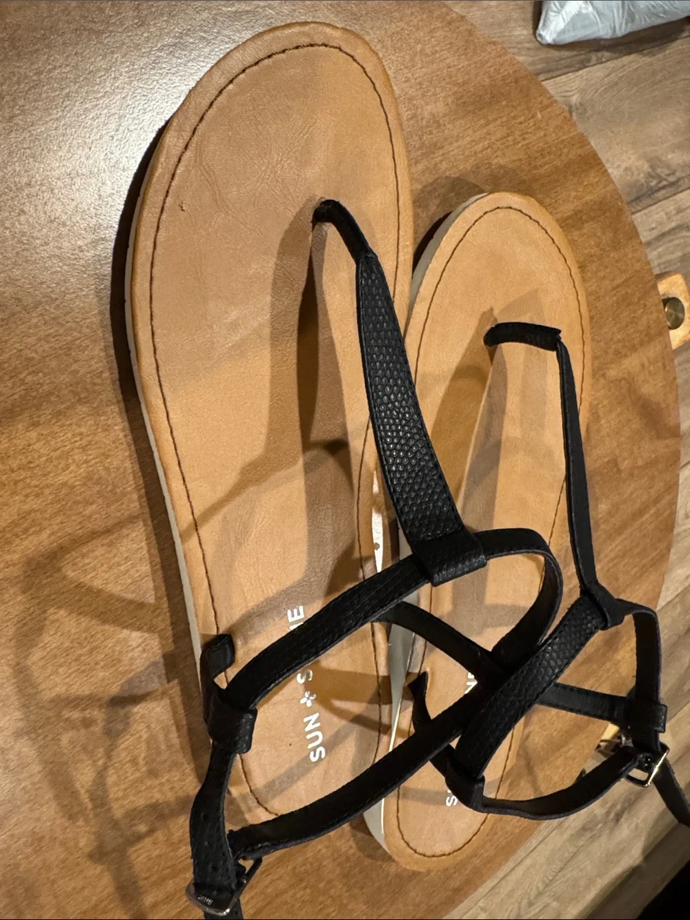 Sun + Stone Black T-Strap Sandals with Tan Footbed worn once women’s size 9.5